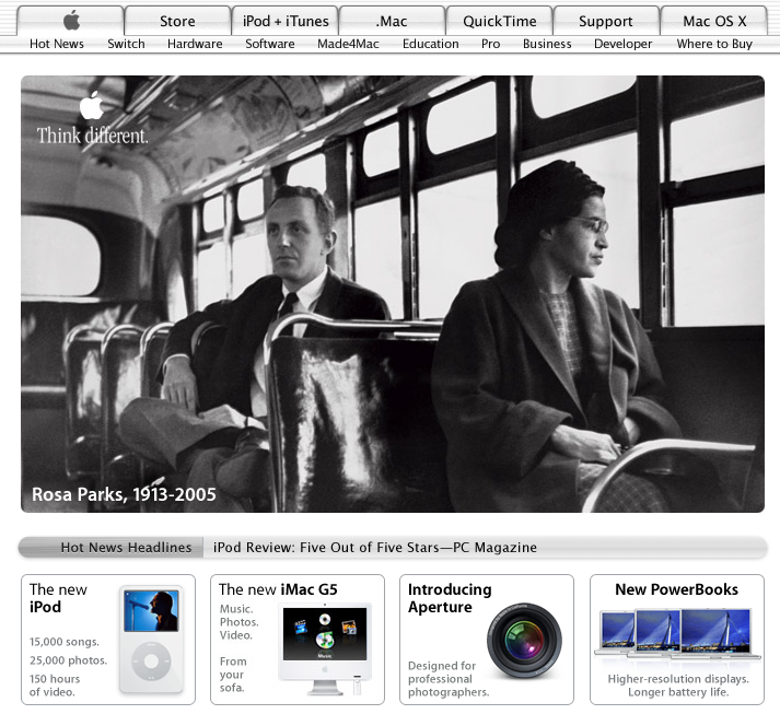 Apple homepage after passing of Rosa Parks in October (2005)